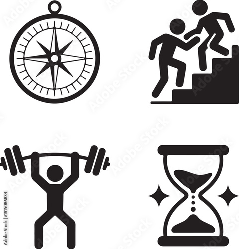 Symbols representing fitness, time management, and personal growth journey isolated on white background, illustration