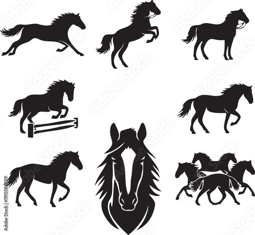 Horse silhouettes jumping running rearing and head vector