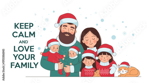 Large happy family wearing Santa hats and festive sweaters posing together during a snowy Christmas celebration.