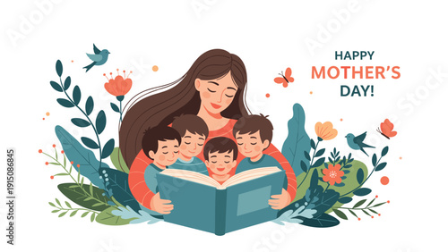 Beautiful mother reading a storybook to her four young sons surrounded by vibrant colorful flowers and green plants.