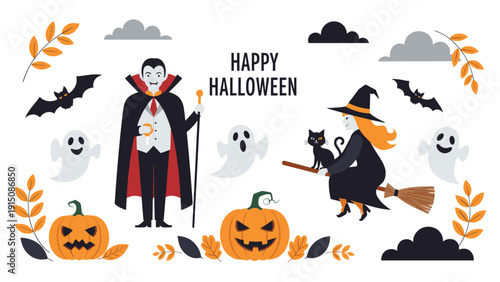 Halloween scene featuring a vampire, a witch flying on a broom with a cat, ghosts, pumpkins, and spooky bats.