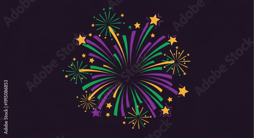 Vibrant purple green and yellow fireworks exploding on a dark background with golden stars festive celebration and joy concept