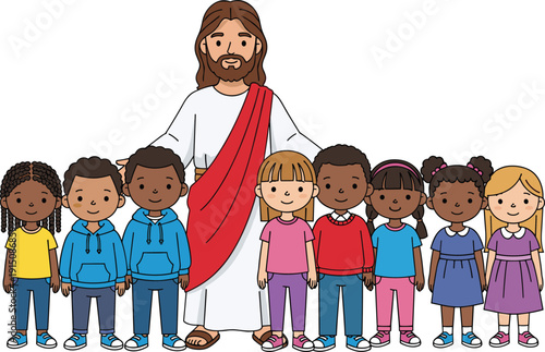 Cartoon illustration of Jesus Christ standing with a diverse group of multiethnic children representing love faith inclusion and religious education