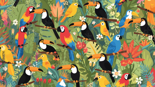Vibrant tropical pattern featuring many colorful parrots and toucans perched on branches among lush jungle leaves.