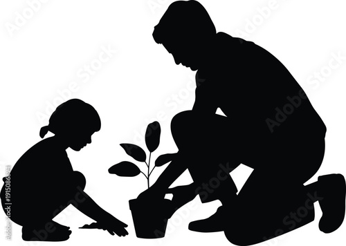 Father and daughter planting tree silhouette illustration, parent teaching child gardening and environmental sustainability concept, black vector isolated on white background