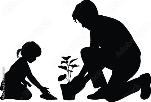 Father and daughter planting young tree silhouette, parent teaching child gardening and environmental care concept, black vector illustration isolated on white background