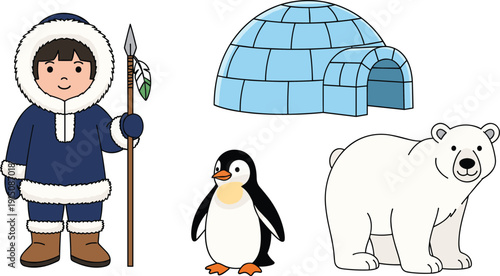 Cute cartoon Arctic set featuring a young Inuit child in parka, blue ice igloo, white polar bear, and small penguin