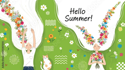 Two beautiful girls with long white hair decorated with flowers lying on green grass with a cute cat in summer time.