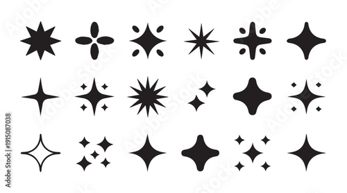 Diverse Collection of Black Sparkle and Twinkle Star Shapes for Graphic Design