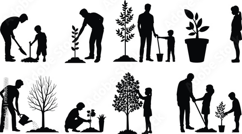 Father and Child Tree Planting Silhouettes Collection, Family Gardening and Reforestation Activity, Environmental Conservation Vector Illustration Set Isolated on White Background