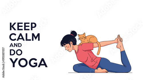 Young woman practicing yoga in a pigeon pose with a cute ginger cat sitting on her back against a white background.