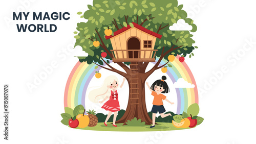 Two happy girls playing under a magical treehouse with a rainbow, colorful fruits, and lush green plants in the sun.