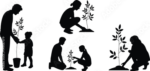 Father and Daughter Tree Planting Silhouettes Collection, Family Gardening and Reforestation Activity, Environmental Conservation Vector Illustration Isolated on White Background