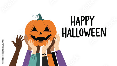 Many diverse hands lifting a large carved jack-o-lantern pumpkin together against a plain white background for Halloween.