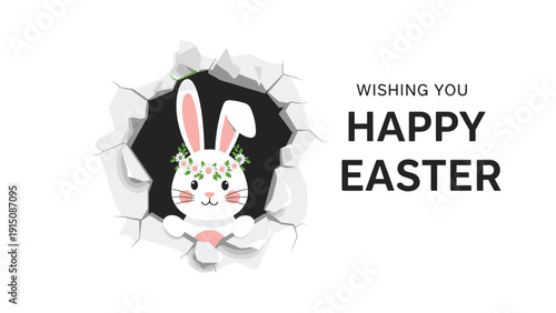 Adorable white bunny with a flower crown peeking through a hole in a wall to wish everyone a very happy Easter.