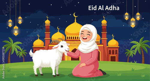 A young girl in traditional attire kneeling beside a goat in a serene mosque courtyard at night during Eid Al Adha celebration