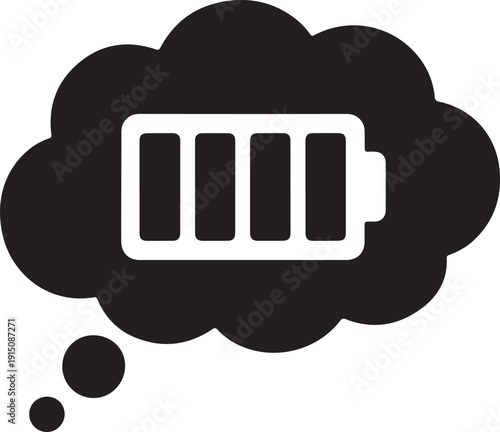 A thought bubble with a battery icon indicating low power or energy levels isolated on white background, illustration