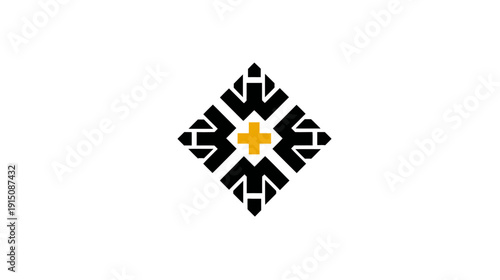 A symmetrical geometric design featuring a central cross, surrounded by black, angular shapes