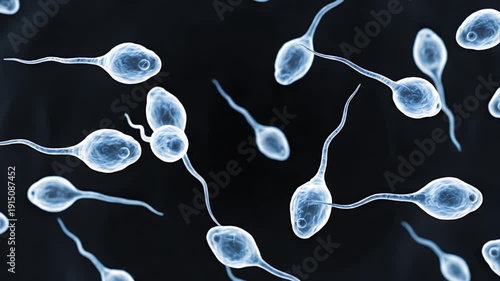 Microscopic view of human sperm cells exhibiting low motility and disorganized movement in a dark blue background