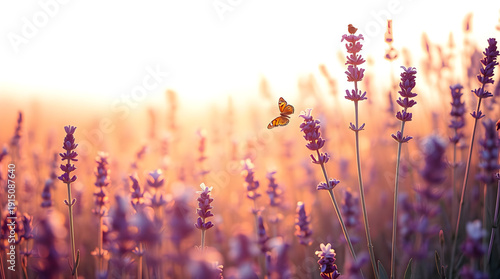 Dreamy Lavender Field at Sunset with a Single Butterfly Dancing in Golden Light