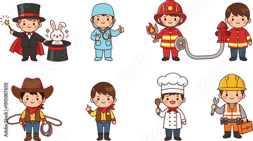 Cute diverse cartoon children dressed in various professional career costumes including doctor, firefighter, chef, magician, cowboy, and construction worker illustration