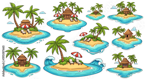 Collection of tropical islands with palm trees, huts, and beach chairs, evoking a relaxing vacation vibe