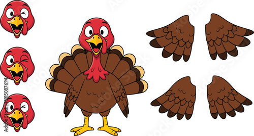 Cute cartoon turkey character kit with various facial expressions and wing gestures for Thanksgiving holiday celebration isolated on white background