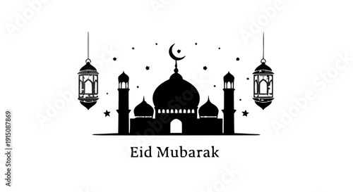 Eid Mubarak celebration illustration featuring a mosque with lanterns and stars under a crescent moon