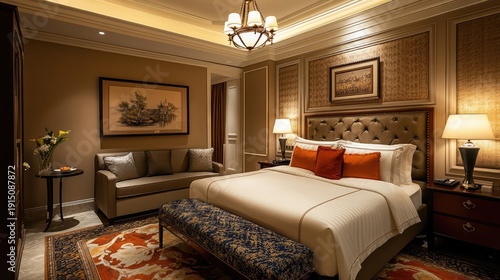 A five-star bedroom with a king-size bed, designer pendant lighting, and a cozy seating area, exuding elegance and comfort