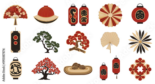 Collection of traditional Japanese cultural symbols and decorative elements for festive occasions