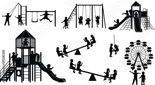 Set of children silhouettes playing on playground equipment, kids on swings, slides, seesaws, and ferris wheel, outdoor park recreation activities, isolated vector