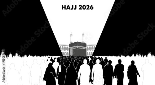 Pilgrims gathered at the mosque during Hajj ceremony in a sacred place, viewed from behind in illustration