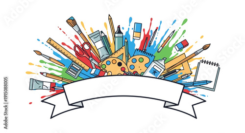 Vibrant art supplies arranged in colorful creative explosion