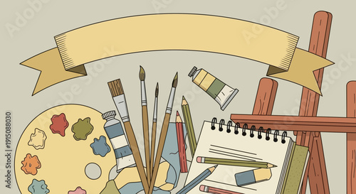 Artist's creative workspace with paintbrushes and art supplies on easel