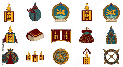 Vibrant collection of traditional Mongolian cultural symbols, featuring ceremonial hats, banners, sacred objects, and ancient artifacts, ideal for graphic design