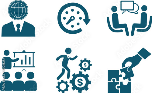 collection of teal colored icons representing global business time management and teamwork concepts