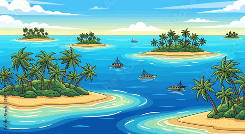 Expansive Tropical Ocean Panorama Featuring Lush Islands and Boats Sailing Through Clear Blue Waters