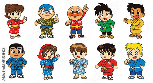 Vibrant collection of cheerful cartoon children in traditional cultural attire, embodying youthful energy and diverse personalities within a spirited ensemble
