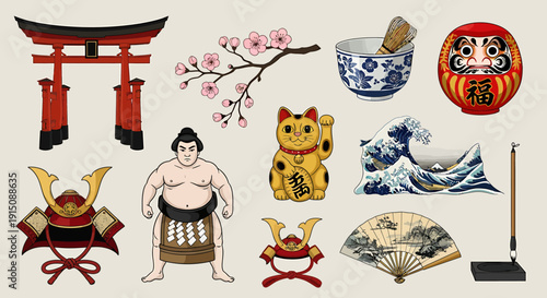 A collection of Japanese cultural icons, including a torii gate, sumo wrestler, samurai helmet, and cherry blossoms