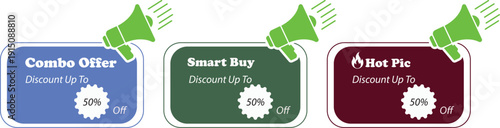 Three Sale Banners with Megaphone Announcing Discounts