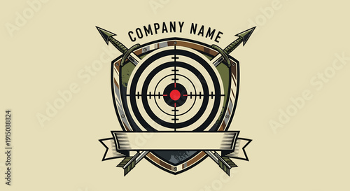 Targeted marketing success emblem with arrows and shield, representing focus and precision in business branding