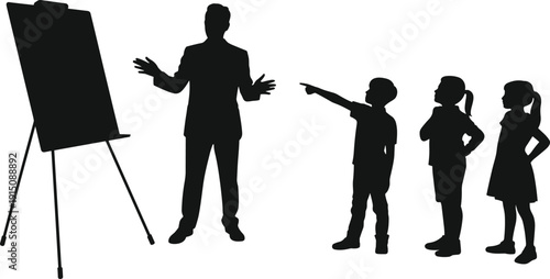 Teacher explaining lesson to children silhouettes, classroom presentation with students isolated on white background, education vector illustration