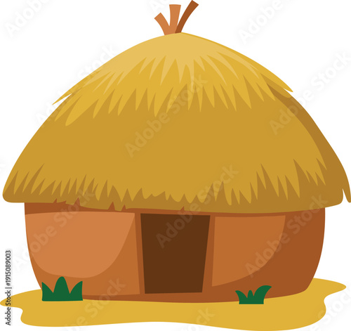A round thatched roof hut with a brown door and small green plants at the base small plants round structure