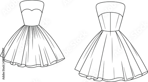 Technical fashion flat sketch of strapless sweetheart dress with flared pleated skirt, front and back view garment template for apparel design