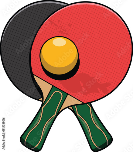A pair of table tennis paddles with a yellow ball resting on one red and one black paddle red paddle
