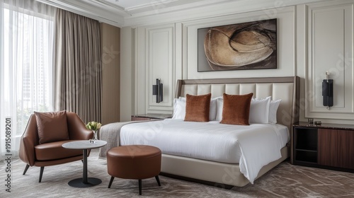 A five-star hotel-inspired bedroom featuring a luxurious king bed, soft carpet flooring, and a stylish modern seating arrangement