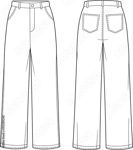 Technical fashion flat sketch of women wide leg trousers with high waist, front and back view denim pants or casual slacks template