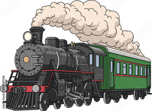 Vintage steam locomotive train with green passenger car blowing thick smoke isolated on white background for travel and transportation illustration