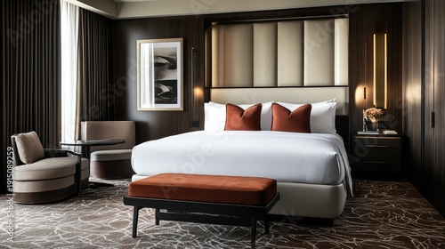 A five-star hotel-inspired bedroom featuring a luxurious king bed, soft carpet flooring, and a stylish modern seating arrangement