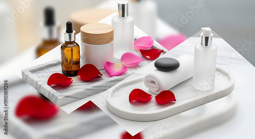 Luxury spa and skincare products with rose petals on white tray for relaxation and beauty treatment